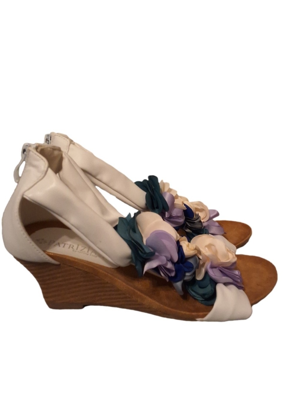 Patrizia By Spring Step White Begonia  Navy Lavender Floral Wedge Sandals 7.5 8